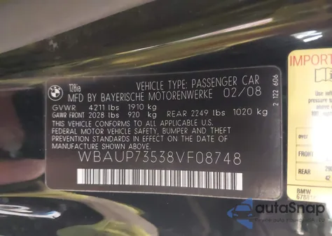 2008 BMW 128 from USA, damaged, VIN WBAUP73538VF08748